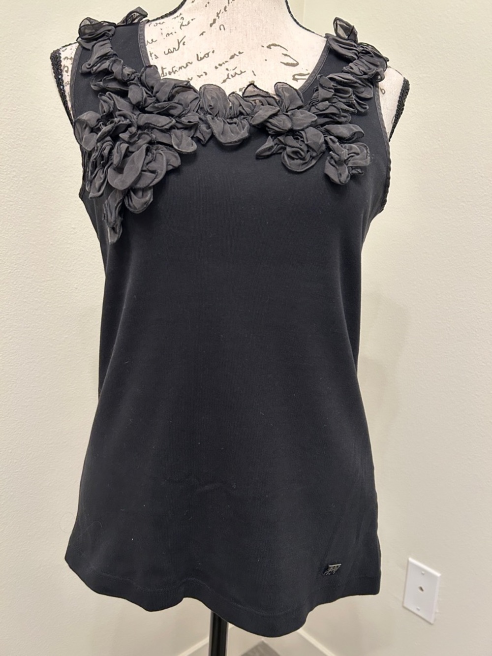Carolina Herrera Black Sleeveless Tank Top with Floral Appliqué